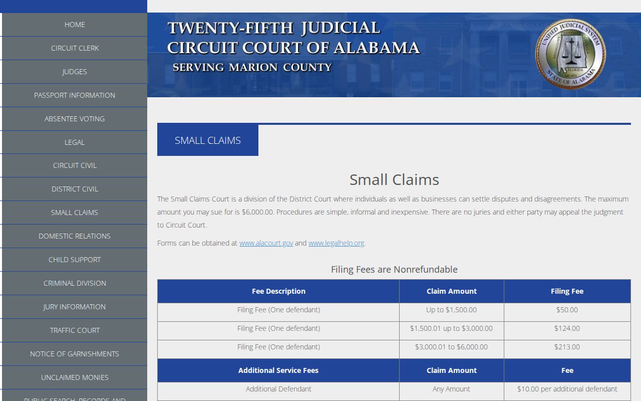 Marion County civil docket Small Claims information
